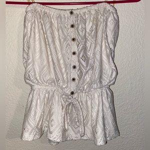 Off White Lace Off Shoulder/Tube Top Peasant Top w Lining,Cinched Middle,Size XS